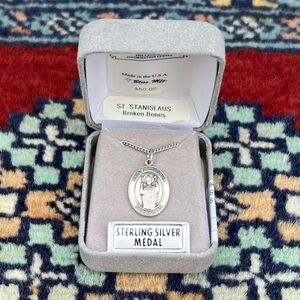 St. Stanislaus Sterling Silver Oval Religious Medal Necklace 18” Curb Chain